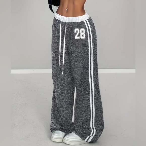Pants - Cozy Wide Leg Joggers with Varsity Graphic - Grey Heather